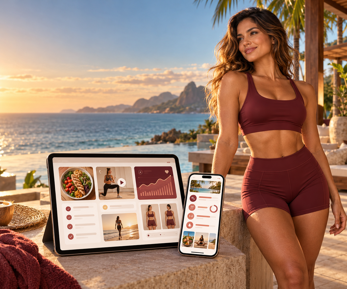 Mulher acompanhada do painel do programa Verão Começa Agora no tablet e celular